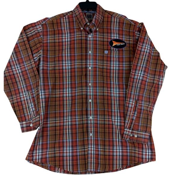 Cinch Fast Back Ropes Shirt Mens Large Red Plaid Pressed Patched Western Rodeo - Picture 2 of 11